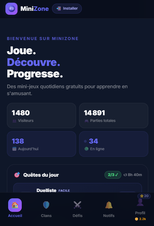 Interface de MiniZone sur smartphone : accueil, statistiques et quêtes du jour.